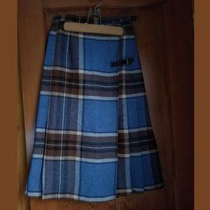 Vintage 70s, kilt skirt, mid-calf, wool blend, blue, browns, Dorethy Perkins